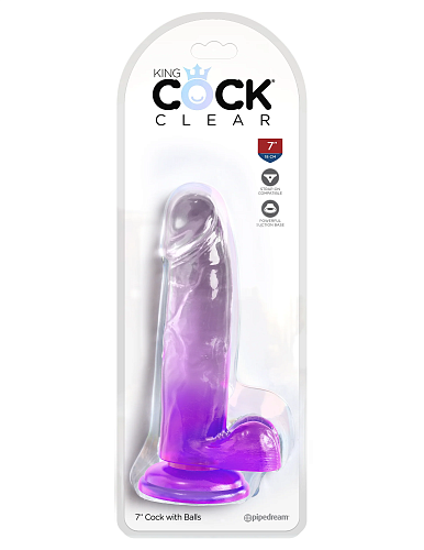 Прозрачный фаллоимитатор на присоске King Cock Clear 7, 18 см, фиолетовый
