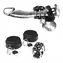 Комплект для мошонки и члена Blue Line Locking Ball Stretcher, Cock Ring and Three-Ring Cock Cage