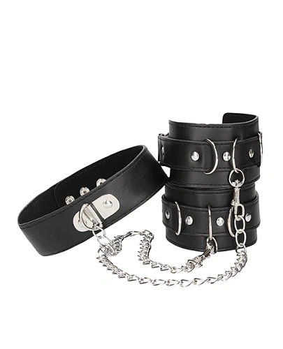 Ошейник с наручниками Ouch! Black & White Leather Collar and Handcuffs