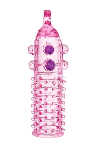 Рельефная насадка на пенис Toyfa Basic с шариками и усиком, розовая