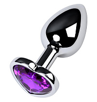 Маленькая анальная пробка с фиолетовым стразом-сердечком Toyfa Metal, серебряная