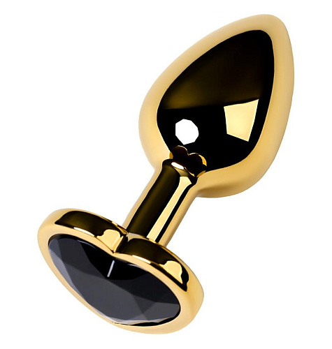 Маленькая анальная пробка с черным стразом-сердечком Toyfa Metal, диам. 2.7 см, золотая