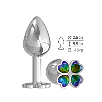 Маленькая анальная пробка со стразом-клевером Джага-Джага, диам. 2.6 см, серебряная