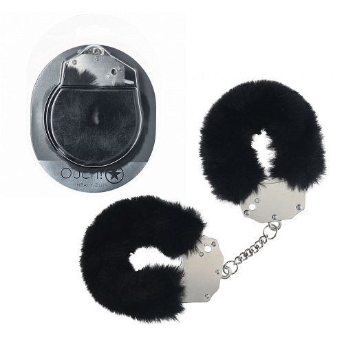 Металлические наручники с черным мехом Heavy-duty Fluffy Handcuffs