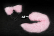 Маленькая анальная пробка с хвостом и ободок с ушками Пикантные штучки, диам. 2.8 см, розовый цвет