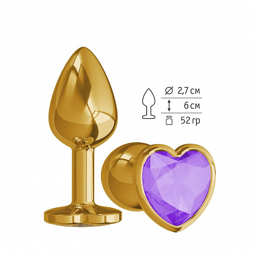 Маленькая анальная пробка со стразом-сердечком Джага-Джага, диам. 2.7 см, золотая