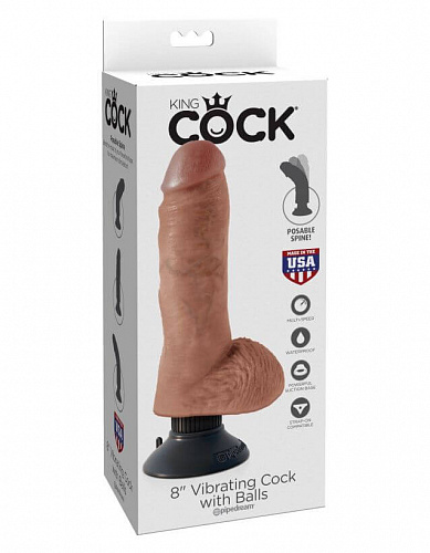 Фаллоимитатор с вибрацией на присоске Pipedream King Cock 8 Vibrating Cock with Balls, коричневый
