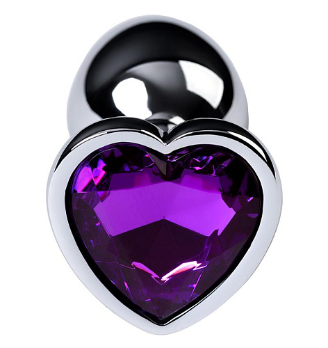 Маленькая анальная пробка с фиолетовым стразом-сердечком Toyfa Metal, серебряная
