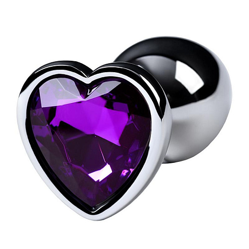 Маленькая анальная пробка с фиолетовым стразом-сердечком Toyfa Metal, диам. 2.7 см, серебряная