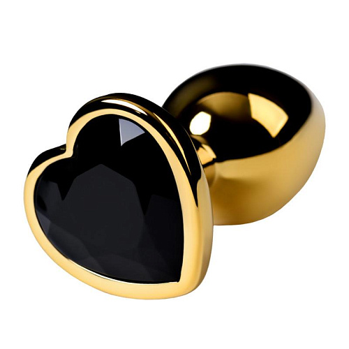 Маленькая анальная пробка с черным стразом-сердечком Toyfa Metal, диам. 2.7 см, золотая