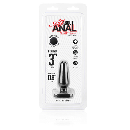 Маленькая анальная пробка All About Anal Seamless Silicone Butt Plug, диам. 2 см, черная