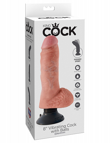 Фаллоимитатор с вибрацией и присоской Pipedream King Cock 8 Vibrating Cock with Balls, телесный