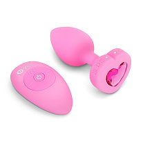 Вибровтулка с кристаллом и ДУ b-Vibe Vibrating Heart Plug S/M, диам. 3.8 см, розовая