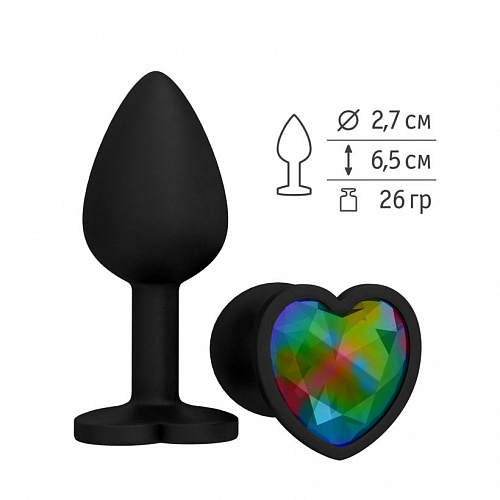 Маленькая анальная пробка с разноцветным стразом-сердцем Джага-Джага, диам. 2.7 см, черная