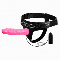 Розовый страпон с вибрацией Baile Adjustable elastic Harness