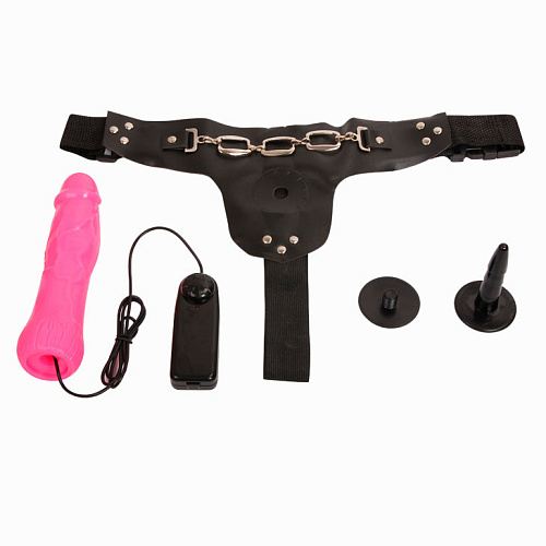 Розовый страпон с вибрацией Baile Adjustable elastic Harness